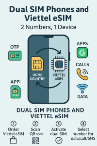 Dual SIM Phones and Viettel eSIM – infographic showing setup, OTP, and travel use cases