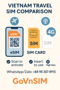 Vietnam travel SIM comparison infographic – eSIM, SIM card, and roaming options visual guide