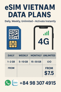 eSIM Vietnam data plans infographic – comparison of daily, weekly, and unlimited packages