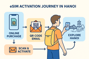 Infographic illustrating the eSIM activation journey in Hanoi for tourists, showing steps from online purchase and QR code email to scan, activate, and explore the city.