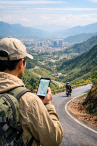 Person using phone on mountain road