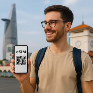 Tourist in Ho Chi Minh City activating eSIM via QR code on phone