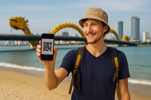 Tourist in Da Nang activating eSIM on phone at the beach or Dragon Bridge