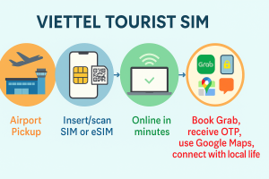 Steps from airport pickup → Insert/scan SIM or eSIM → Online in minutes → Book Grab, receive OTP, use Google Maps, connect with local life.