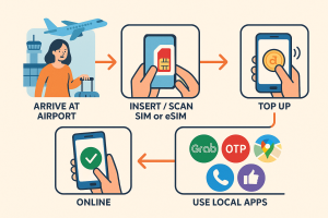 Step flow from airport → insert/scan SIM → top up → online → use Grab, OTP, maps, calls, social media.