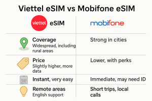 Viettel eSIM vs Mobifone eSIM infographic for travelers – quick features, price, support, and best use cases.