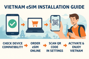 Infographic showing the Vietnam eSIM installation guide with steps: scanning QR code, adjusting phone settings, and a happy tourist using a smartphone against a Vietnamese cityscape and beach background