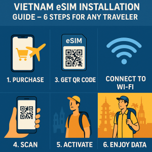 Vietnam eSIM installation guide – step-by-step infographic for travelers showing phone, QR code, Wi-Fi, tourist in Vietnam, and signal waves