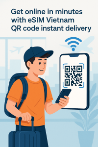 Traveler activates eSIM Vietnam by scanning QR code at airport for instant online access