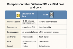 Comparison table: Vietnam SIM vs eSIM pros and cons infographic