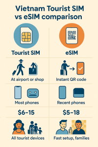 Vietnam tourist SIM vs eSIM comparison infographic – side-by-side comparison of tourist SIM and eSIM for Vietnam, showing activation (airport/shop vs instant QR code), compatibility (most phones vs recent phones), price ($6-15 vs $5-18), and use case (all tourist devices vs fast setup, families) with modern icons and visuals.