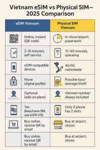Vietnam eSIM vs physical SIM infographic—2025 comparison