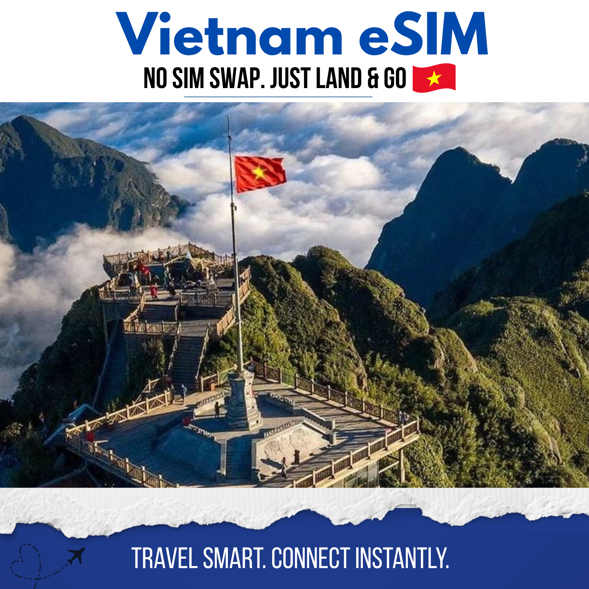 Vietnam eSIM – Best Coverage for Tourists | GoVnSIM Traveler standing at Fansipan peak with Vietnam flag — Vietnam eSIM banner by GoVnSIM showing full-country 4G/5G coverage.