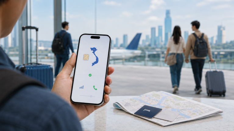 mobile travel image showing a Vietnam eSIM line active on a phone