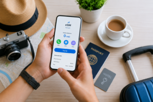 Traveler checking Vietnam eSIM with phone number balance before topping up for calls and SMS in Vietnam