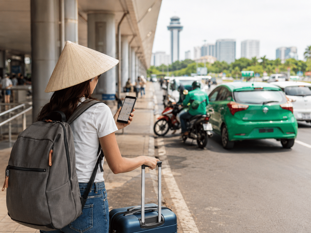 Traveler using Google Maps and Grab after arriving in Vietnam