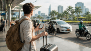 Traveler using mobile data after arriving in Vietnam