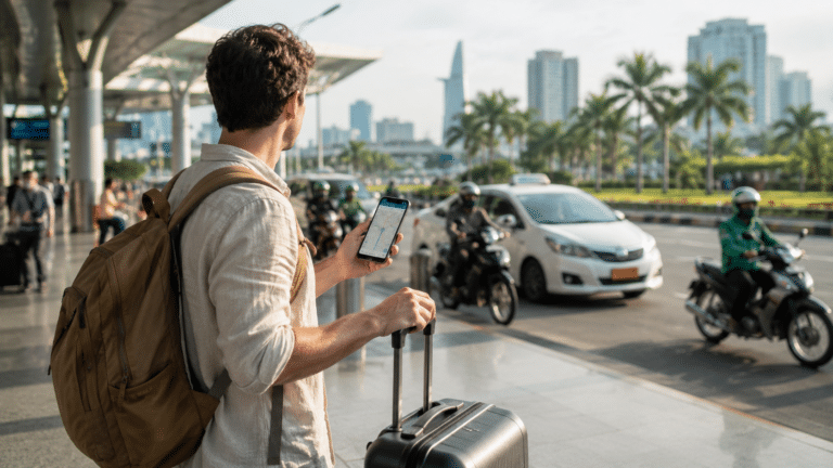 Traveler using mobile data after arriving in Vietnam