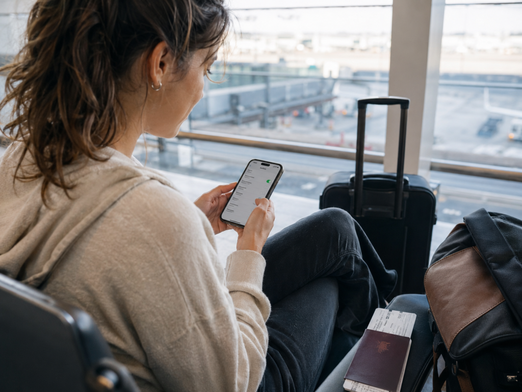 Traveler checking phone eSIM settings before Vietnam travel
