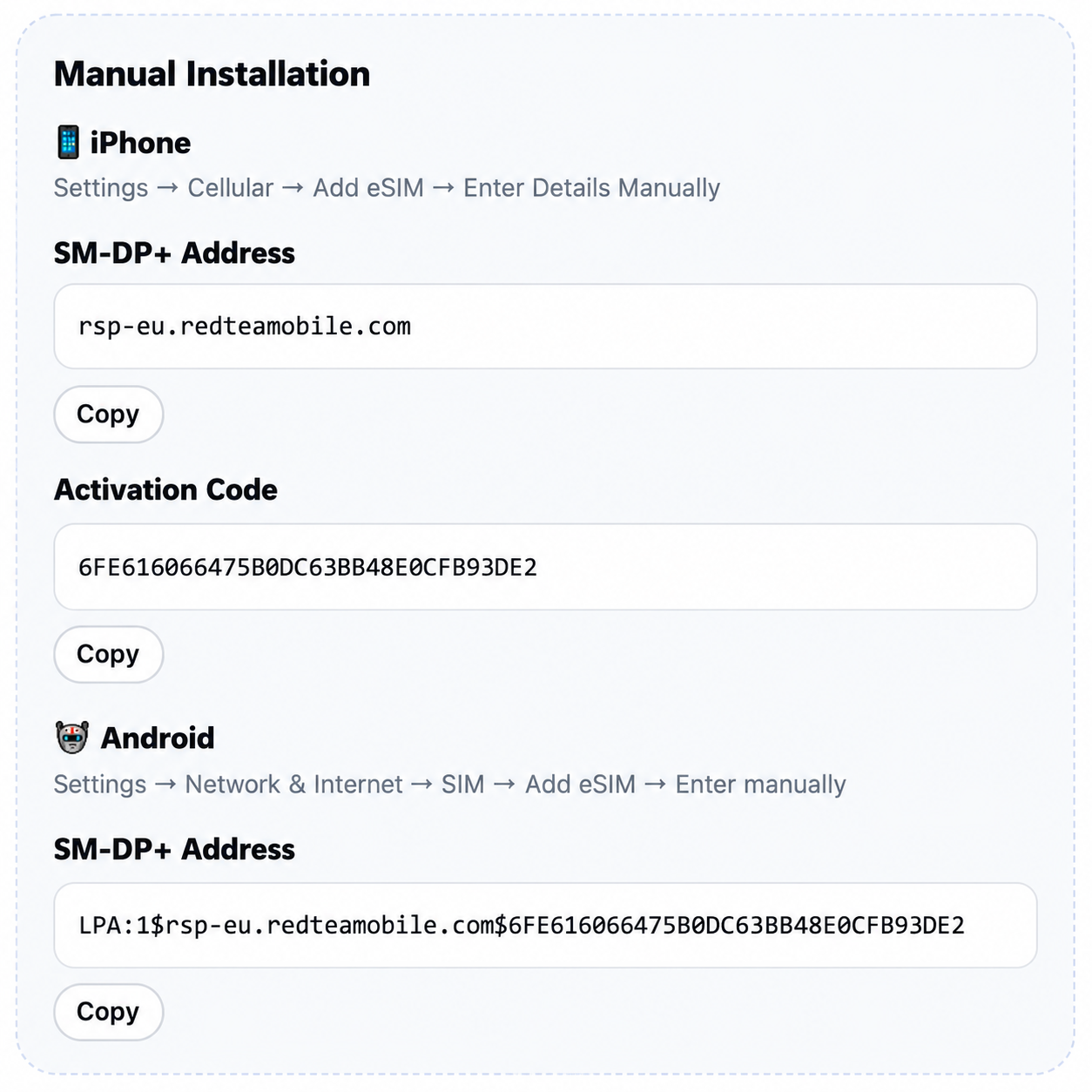 GoVnSIM manual eSIM setup details example