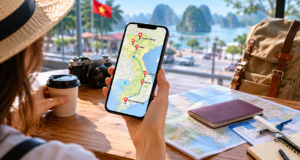 Traveler using Viettel eSIM for a multi-province Vietnam route map on a smartphone