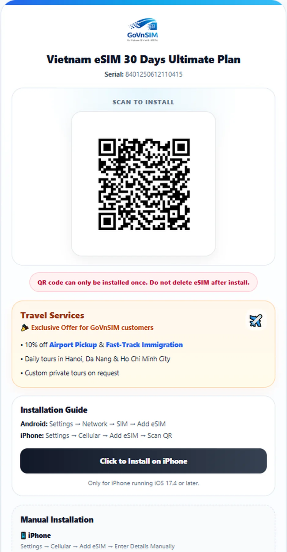 GoVnSIM QR eSIM page sent by email