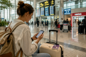 Traveler checking Vietnam SIM card options at the airport